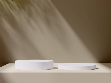 Tarafsız bir arkaplanda gölgeler bırakan bir çift beyaz podyum.