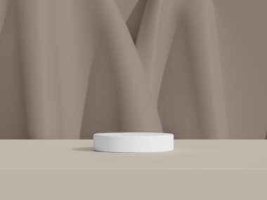 Ürün sunumu için bej örtülü arka planda minimum yuvarlak beyaz podyum