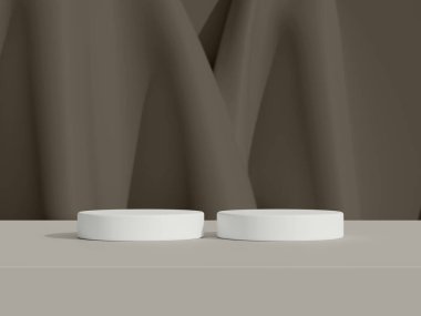 Koyu kahverengi kumaş zemin üzerinde çift yuvarlak podyumlar, temiz ürün sunumu sahnesi