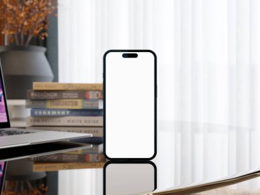 Beyaz ekran ve modern dekorun yer aldığı şık bir ofis ortamında telefon modeli..