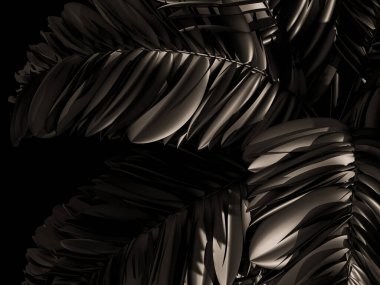 Pürüzsüz siyah palmiye yapraklarına yakın çekim ve parlak metalik kaplama.