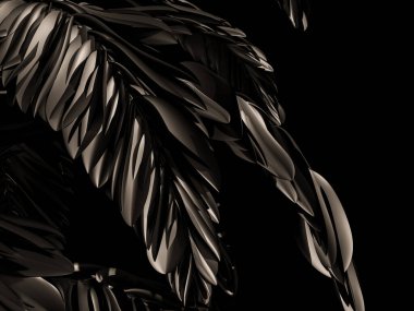 Yumuşak ışıklandırmalı ve keskin yansımalı koyu, heykel palmiye yaprakları..