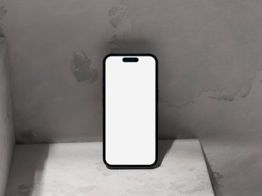 Çimento platformunda, yumuşak gölge oyunuyla vurgulanmış temiz bir telefon modeli..