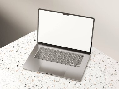 Boş ekranlı modern dizüstü bilgisayar tasarımı, modeller için parlak mermer bir yüzeye yerleştirildi.