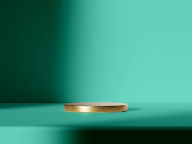Sergi ürünleri veya ödüller için yumuşak ışıklandırmalı zarif altın podyum.