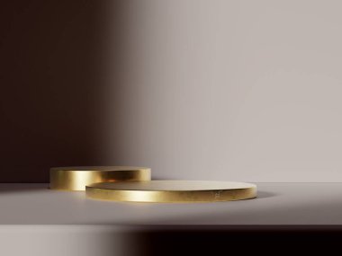 Üst düzey ürün sunumu ve gösterimi için profesyonel altın podyum kurulumu.