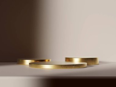 Özel ürünleri sergilemek için tasarlanmış gradyan ışıklandırmalı altın podyum modeli..