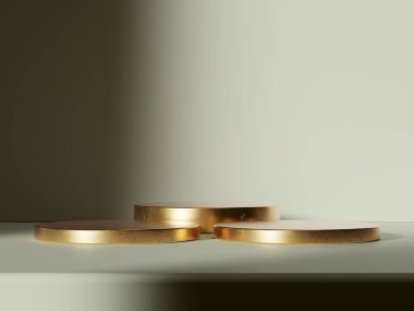 Zarif ürün gösterimi için parlak çizgileri ve gradyan ışıklandırması olan lüks altın podyumu.