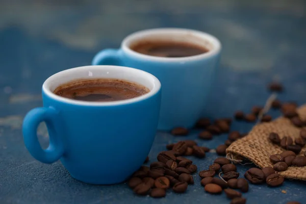 Black Coffee Blue Cups Fresh Coffee Break — Stock Photo, Image