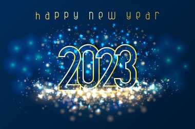 Yeni Yıl 2023 posteriniz kutlu olsun. Sayılar kağıttan kesilmiş ve parıltılı. Kış tatili tebrikleri ya da davetiyeler. Mavi arkaplanda vektör illüstrasyonu.