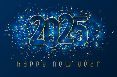 Kağıttan kesilmiş ve parıltılı rakamlarla dolu mutlu yıllar 2025 posteri. Kış tatili tebrikleri ya da davetiyeler. Mavi arkaplanda vektör illüstrasyonu.