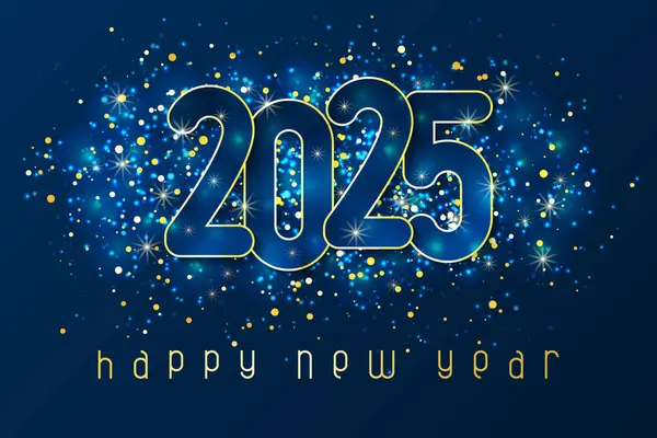 Kağıttan kesilmiş ve parıltılı rakamlarla dolu mutlu yıllar 2025 posteri. Kış tatili tebrikleri ya da davetiyeler. Mavi arkaplanda vektör illüstrasyonu.