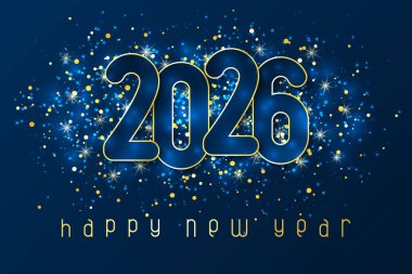 Işıltılı 2026 yılbaşı posteri. Kış tatili tebrikleri ya da davetiyeler. Mavi arkaplanda vektör illüstrasyonu.