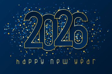 Kağıttan kesilmiş ve parıltılı rakamlarla dolu mutlu yıllar 2026 posteri. Kış tatili tebrikleri ya da davetiyeler. Mavi arkaplanda vektör illüstrasyonu.