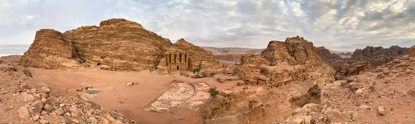 Deir Monasterio Ciudad Perdida Petra Foto Panorámica — Foto de Stock