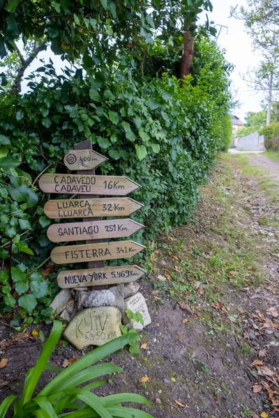 Novellana, Cudillero, Asturias, İspanya - 03 Haziran 2023. Saint James Yolu 'nun kuzey yolunda dikey atış kilometre işareti.
