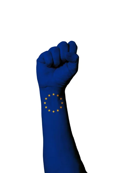 Vertical Shot European Union Flag Painted Human Raised Fist — Stock Photo, Image