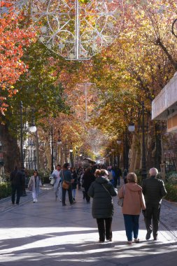 Granada, İspanya - 25 Aralık 2023. Şehir merkezinde turistler ve yerliler yürüyor