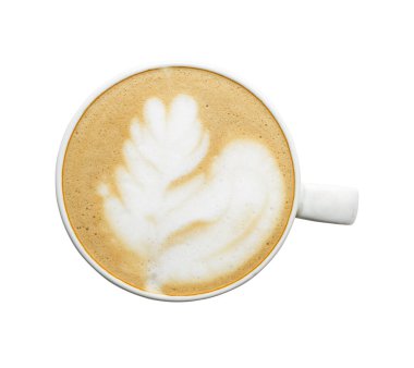  Top view of coffee latte art on cup isolated white background.