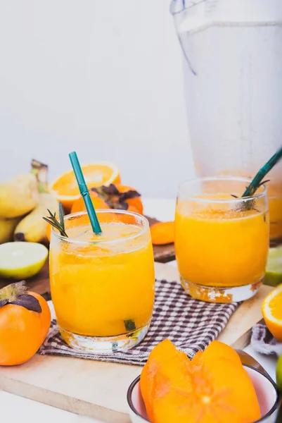 Persimmon Juice Glass Orange Slices Blender All — Stock Photo, Image