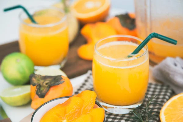 Persimmon Juice Glass Orange Slices Blender All — Stock Photo, Image