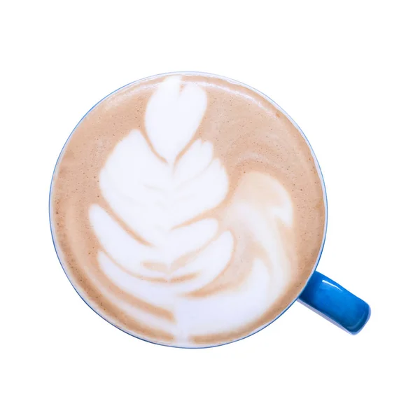Vista Superior Del Café Caliente Arte Latte Taza Azul Aislado — Foto de Stock