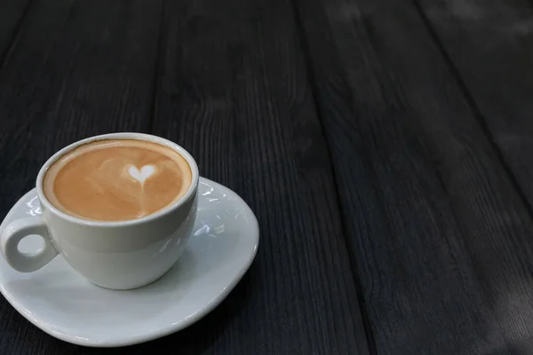 Hot Coffee Cup Latte Art Coffee Wood Table Morning Salin — Stok Foto