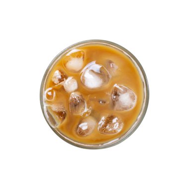 Ice coffee with the bubble in the cup isolated white background. Top view