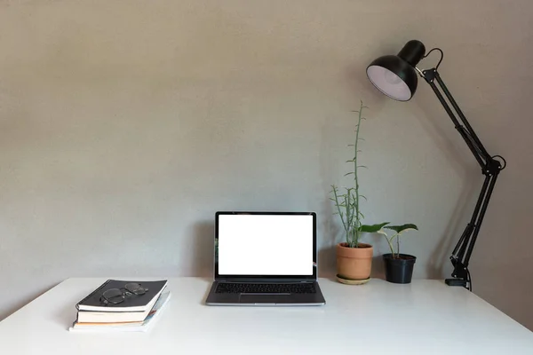 Home office with laptop and book on desk decor white frame as lamp light and house plants with wall loft style interior decorations. close up