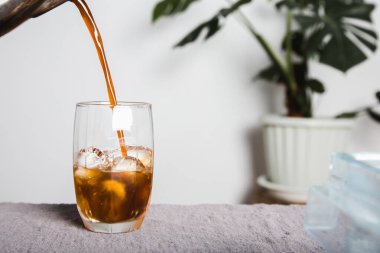 Yaz içeceği, sade kahve. Masadaki gri kumaşın üzerinde şeffaf cam bir tabakta buzlu. Ve evdeki saksı dekoru üzerinde canavar ağacı. Stüdyo fotoğrafı