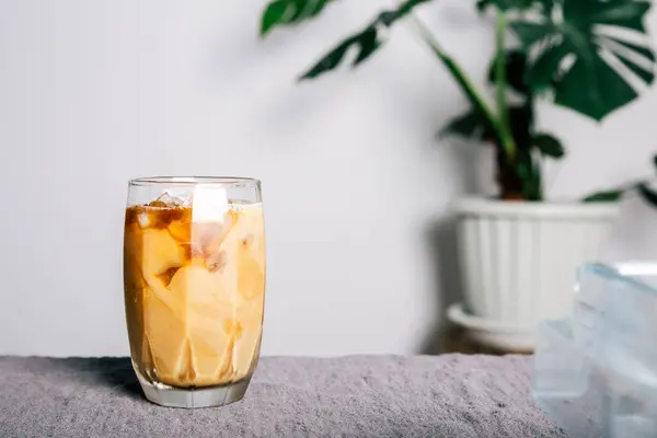 Summer drink, iced coffee on a transparent glass plate on grey fabric on the table. and monstera tree on pot houseplant decor at home. studio photo