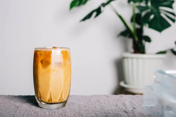 iced coffee on a transparent glass plate on grey fabric on the table. and monstera tree on pot houseplant decor at home. Summer drink,studio photo