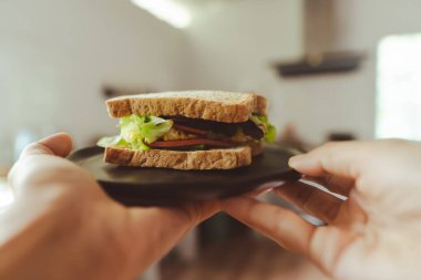 Elçiler lezzetli bir sandviçi sucuklu, tabaklı, kızarmış yumurtalı ve marullu tutarlar..
