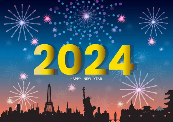 Silueta Diseño Plano Feliz Año Nuevo 2024 Con Ciudad Todo —  Fotos de Stock