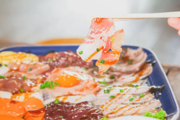 Chopsticks Tongs Pork Belly Prepare Shabu Hot Pot Delicious Asian — Stock Photo, Image
