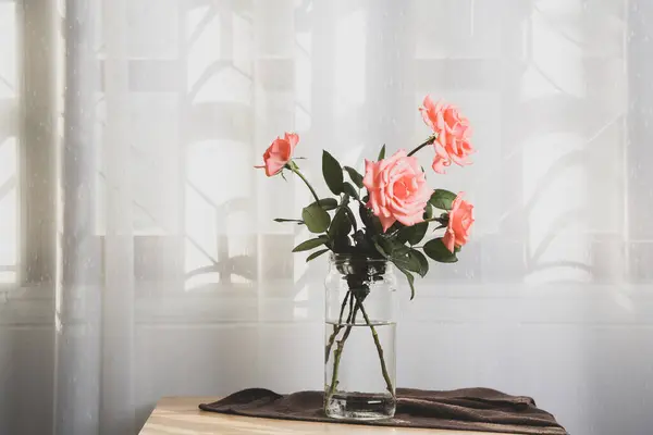Pastel Pink Rose Vase Small Wood White Curtain Backdrop Bedroom Stok Gambar Bebas Royalti