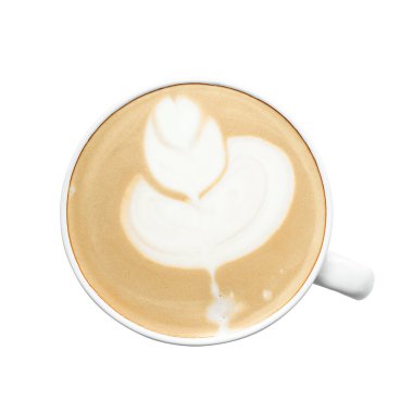 Üst Manzara. Beyaz fonda sütlü kahve izole edilmiş beyaz arka plan.