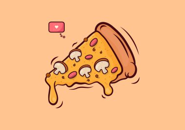 Mantarlı, domatesli ve peynirli şirin bir karalama düz dizayn içeren nefis bir çizgi film pizza illüstrasyonu. Fast food sanatı için harika bir vektör ikonu. düzenlenebilir vuruş 