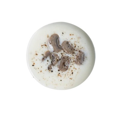 Mantar çorbası kahvaltısı, yalıtılmış doku beyaz arka plan. Üst görünüm