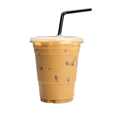 Iced of  latte coffee cup on glass cup isolated white background.	