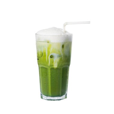 Iced of milk matcha green tea with Milk foam on top on glass isolated white background.	
