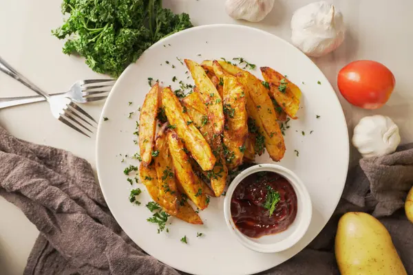 Top view baked potatoes, seasoned with paprika and garlic, topped with fresh parsley and rich tomato sauce an irresistible homemade dish served fresh from the oven.	