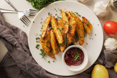 Kırmızı biber ve sarımsaklı fırında patates, üstüne maydanoz ve zengin domates sosu fırından taze çıkmış karşı konulmaz bir ev yapımı yemek. Dikey fotoğraf.