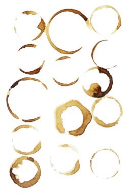 Collection of circle from the bottom cup- real coffee water paint on white paper in many strokes and technique of a brush. Illustration aroma beverage brush as coffee art isolated white background.	