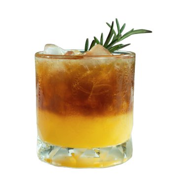 Buzlu espresso ve portakal suyu, üzerine biberiye izole edilmiş beyaz arka plan.