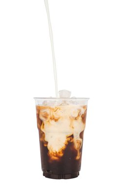 Pouring milk on to coffee cup mak latee coffee menu on isolated white background.	