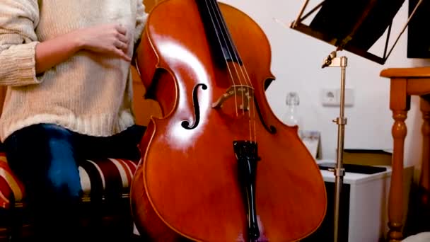 Meisjescellist Plaatst Haar Instrument Voor Een Correcte Uitvoering Van Muziek — Stockvideo