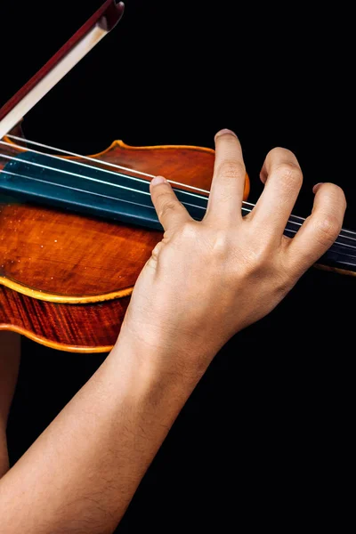 Vertical view of the hand of a professional violinist playing the violin.