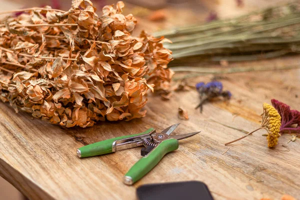 stock image Flower Lettering Workshop. Preserved flowers with pruning shears.