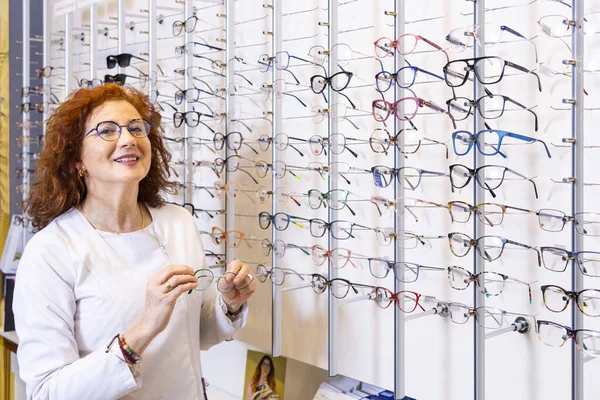 Happy Young Woman Trying Her New Glasses Eye Care Concept — Stock Photo, Image